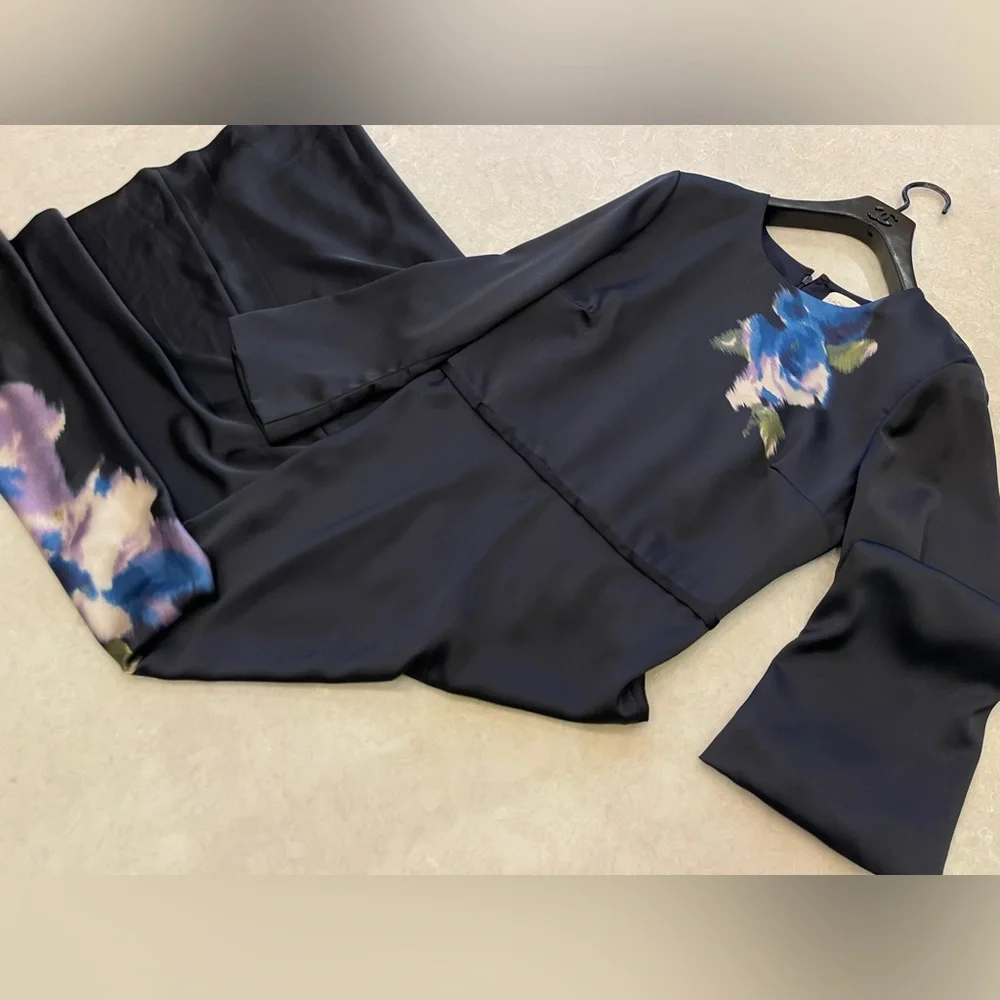 Sachin & Babi Alex Gown in Midnight Corsage Navy Blue Floral Satin Dress Size 14 - Picture 4 of 17